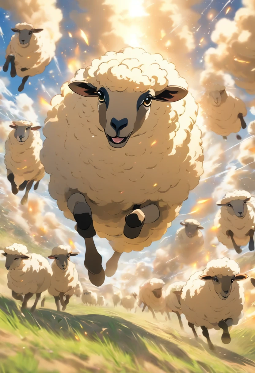 (best quality,4k,highres),high resolution、Sheep coming towards you at great speed、Sheep running while emitting sand smoke、Sense of speed with blurred background、grassland
