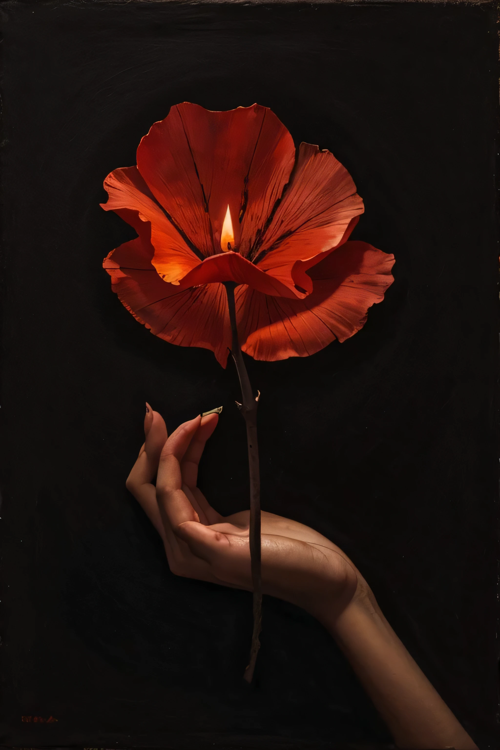 mano de mujer blanca, centrado,sosteniendo una rosa roja,withered petal,Gothic style,oil painting,vibrante oscuro,detalles de sangre,small fire flame,poca iluminacion, foco principal en las manos