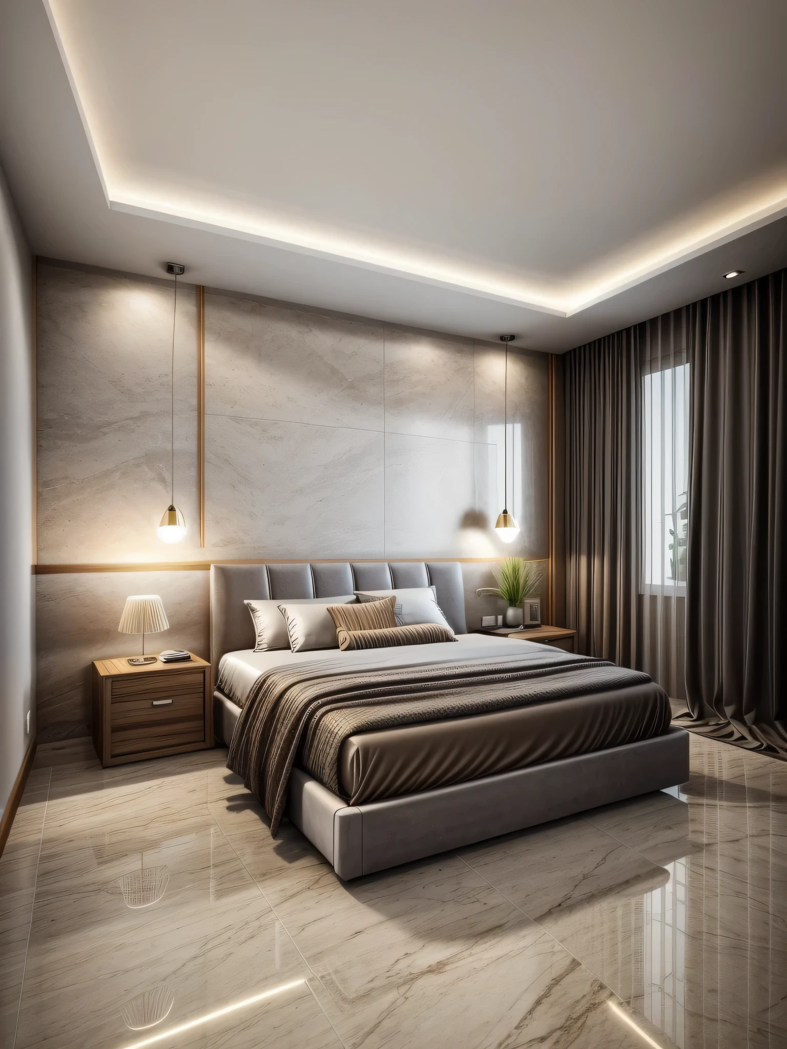 modern bedroom, (supper detail:1.2), brown luxury bed, combo tropical style poter on the wall, marble floor, 1 big abtract poster on the wall, warm light