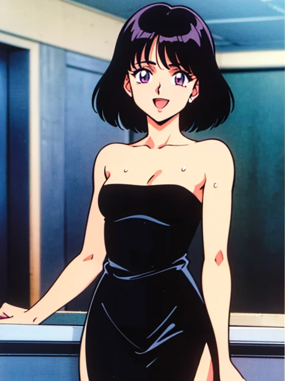 1990s anime cels style, Cartoon style of the 1990s, (flat color:1.2), vivid colors, best quality, high resolution, solo, indoors, (medium breasts:1.2), retro anime, sharp, Defined lines, Detailed, makeup, Beautiful face, gorgeous eyes, smile, Hotaru Tomoe, Purple Eyes, Black Hair, Bob Hair, Bob Haircut, smile, little black dress, strapless dress, bare shoulders, bare collarbone, thighs, skin-tight dress, standing, nightclub background, masterpiece, best quality, ultra detailed, open mouth, sweating