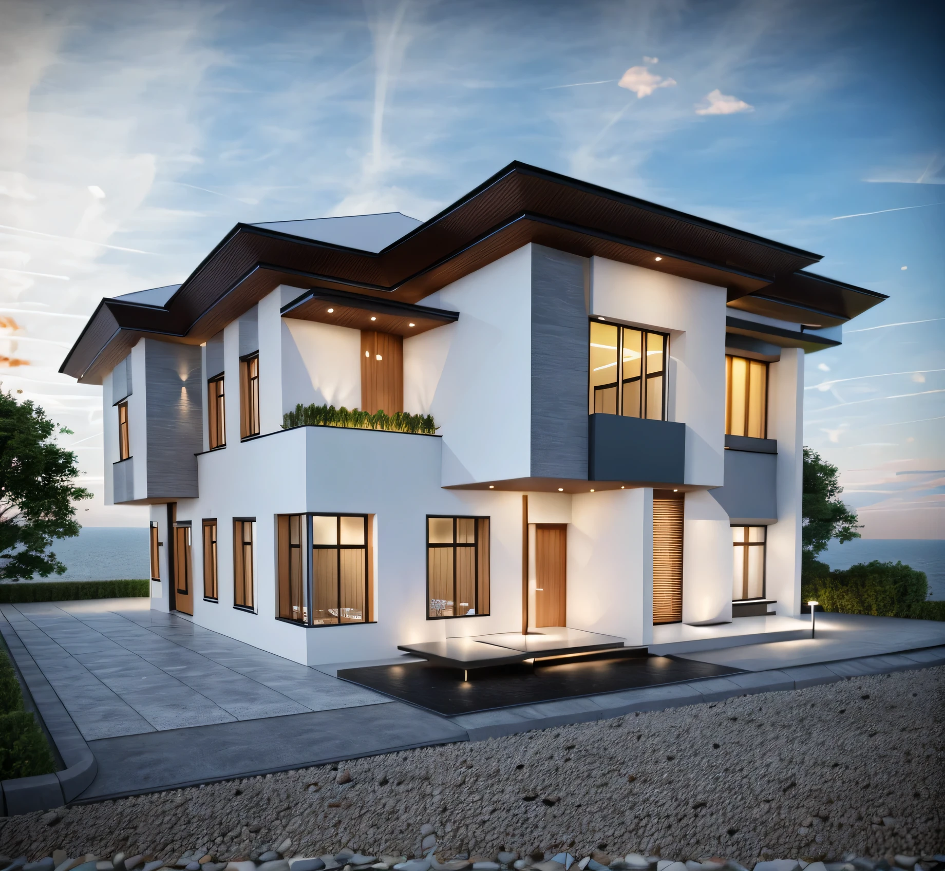 1 morden villa whith slope roof, 1 road runs in front of the house,  Masterpiece,best quality,8k uhd,dslr,soft lighting,high quality,hyper detail,film grain,Fujifilm XT3, UE 5 render 8k, super high resolution, supper detail:1.2), Super sharp like photos taken with a professional camera,