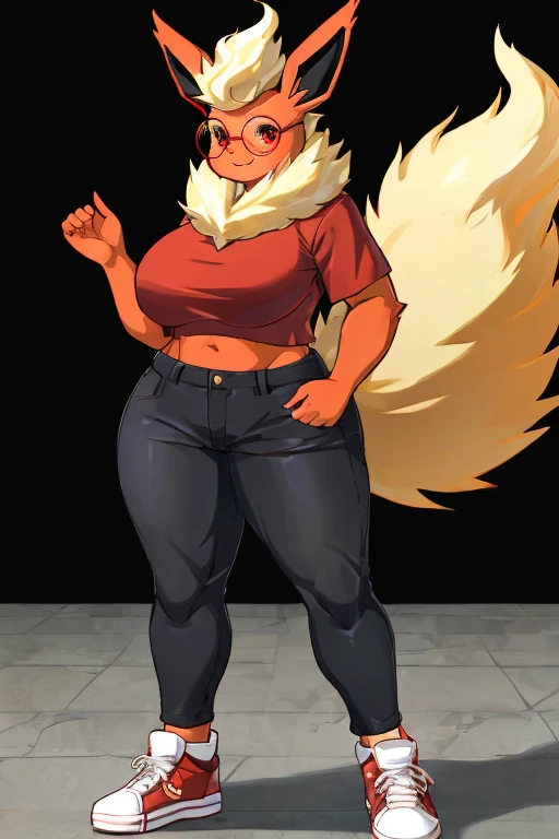 ((Flareon)), anthropomorphic, big breasts, big ass, pokemorph, (((1girl))), (((red cropped shirt))), (black relaxed jeans), (white sneakers), full body, cute and sexy, fiery red skin, (round glasses), long legs, smiling