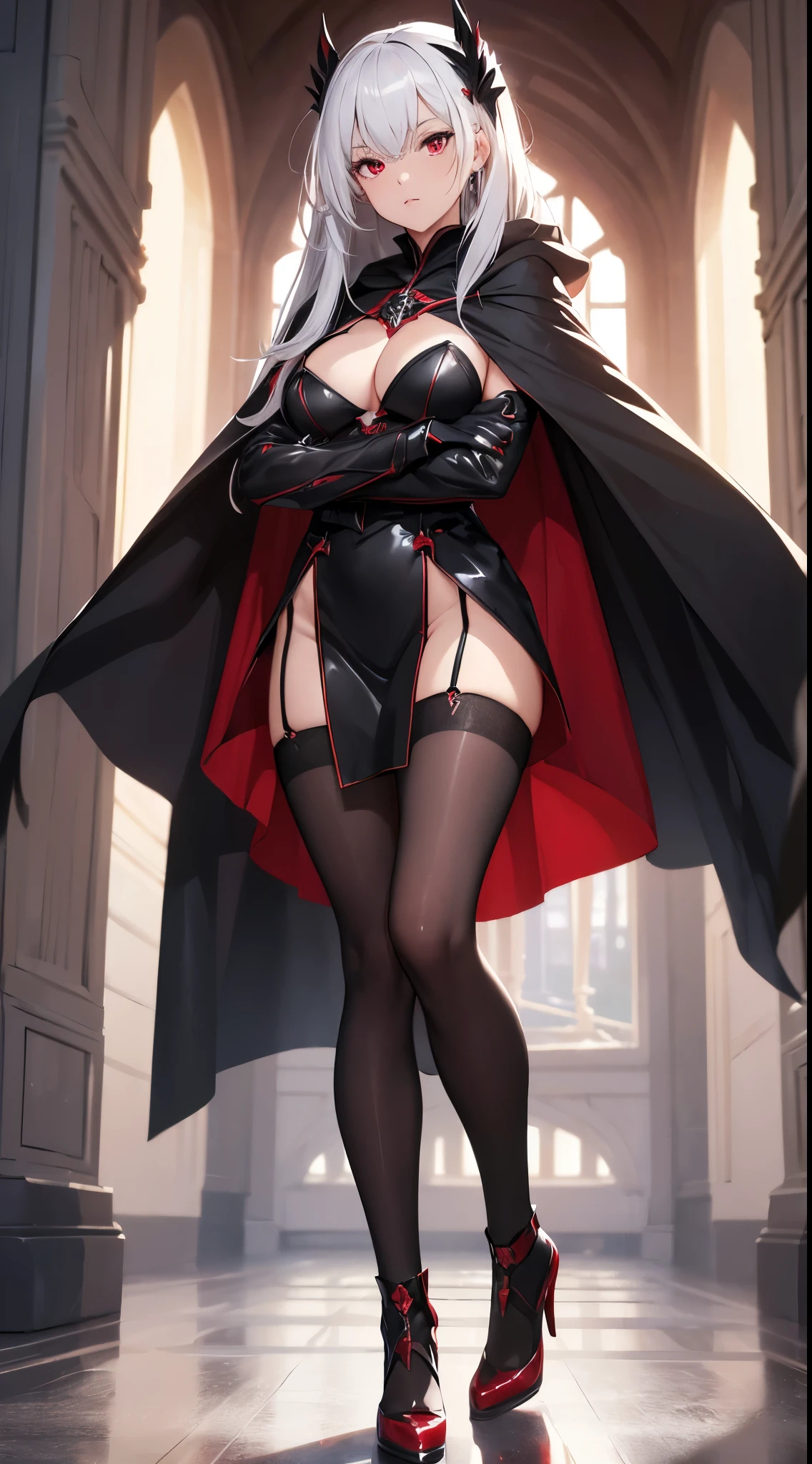 (masterpiece, best quality, highres, high quality:1.2), award winning, super detail, high details, textured skin, anatomically correct, ccurate, UHD, retina, 1080P, HD, 4K, 8k, 16k, silver white hair, long hair, shinny hair, perfect breasts, small breasts, charming and stunning woman, attractive beauty, pantyhose black, ((black Cloak)), high heels, ((Crimson red Eyes)), crimson throne, crimson palace, (crimson lightning),((perfect anatomy)), ((1girl)), perfect hands,black gloves, ((standing)), ((crossed arms)), (mature young woman), cute girl, beautiful girl, ((high shot angle)),black short skirt, (perfect legs), ((beautiful and stunning young girl, attractive girl)), ((perfect body, sexy body)), (((full body)))