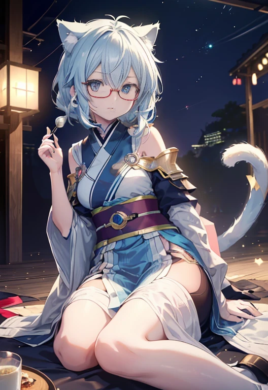 Chinon SAO_a, sinon, smile, (High praise, attractive, fascinating, exciting,Kurobuchi glasses, Cat ear,Nice thin cat tail, impressive:1.3), (very detailed, high quality:1.3),A short-haired girl in a yukata enjoying cotton candy at a festival,japanese festival,Summer Festival Stalls、Red lantern,(masterpiece:1.2), 最high quality, High resolution, unity 8k wallpaper, (shape:0.8), (beautiful and fine eyes:1.6), very detailed face, perfect lighting, Very detailed CG, (perfect hands, perfect anatomy),