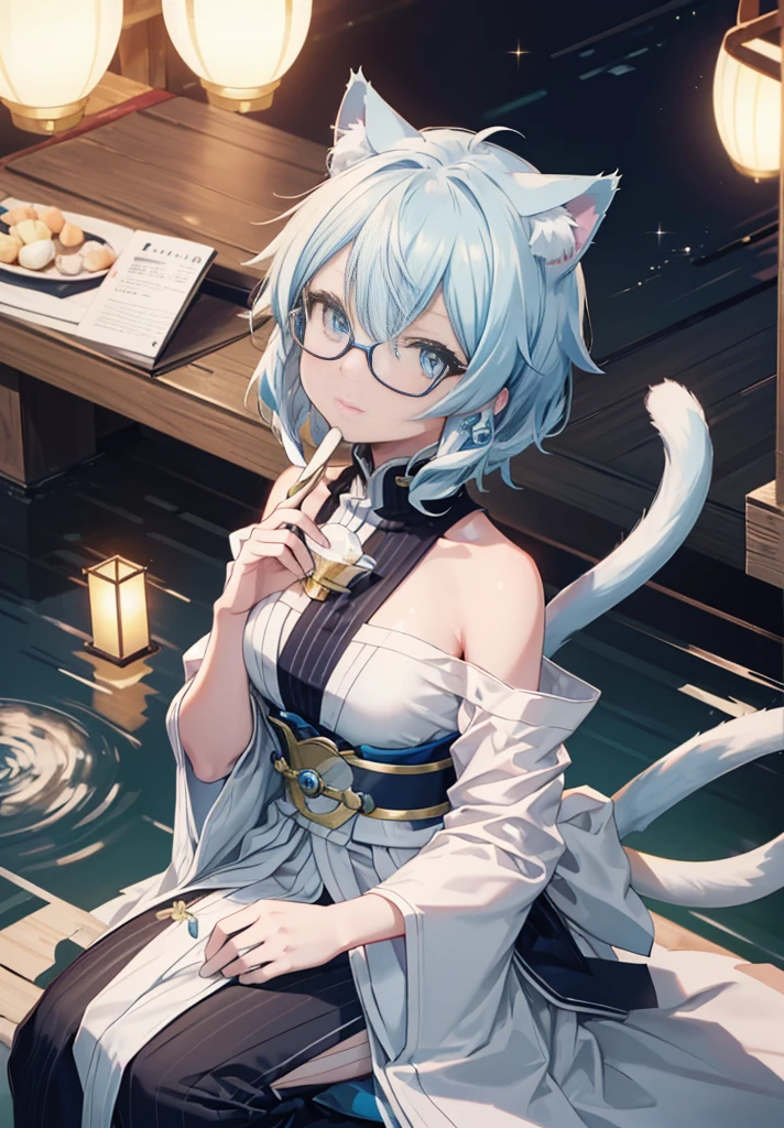 Chinon　SAO_a, sinon, smile, (High praise, attractive, fascinating, exciting,Kurobuchi glasses, Cat ear,Nice thin cat tail, impressive:1.3), (very detailed, high quality:1.3),A short-haired girl in a yukata enjoying cotton candy at a festival，japanese festival，Summer Festival Stalls、Red lantern,(masterpiece:1.2), 最high quality, High resolution, unity 8k wallpaper, (shape:0.8), (beautiful and fine eyes:1.6), very detailed face, perfect lighting, Very detailed CG, (perfect hands, perfect anatomy),