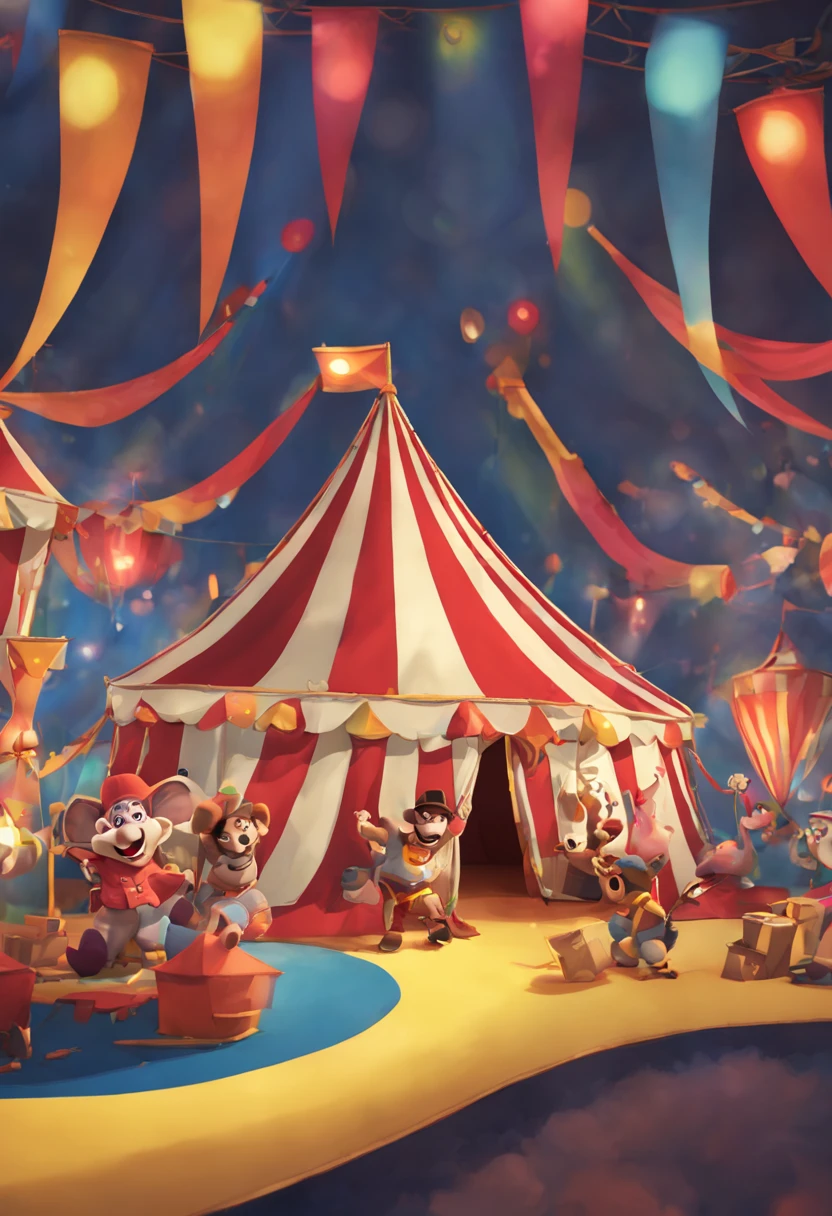 A circus tent cartoony ,Pixar style ,colourful, happy vibes , dramatic lights ,spotlights , 