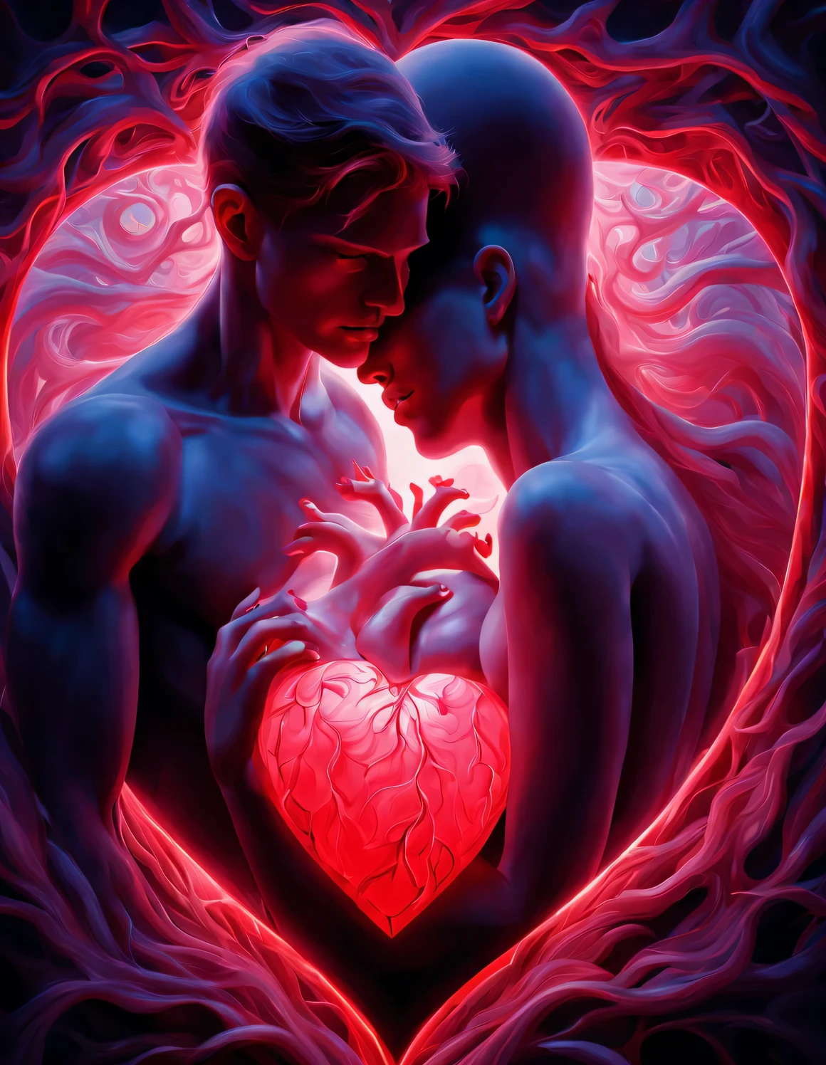 （There is a beautiful eye in the red heart：1.3）（Clear red glowing heart beating：0.85），（A man and a woman hugging each other face to face，Sharing a huge heart），Black light art，sharp focus，Toned muscles，Background human upper body muscles， fantasy，Reality，cartoon，3d rendering，James Jean (James Jean) super fine, Eighth Route Walker, Behavioral Contest Winners, vanity, trumpet, modern, 超Reality主义