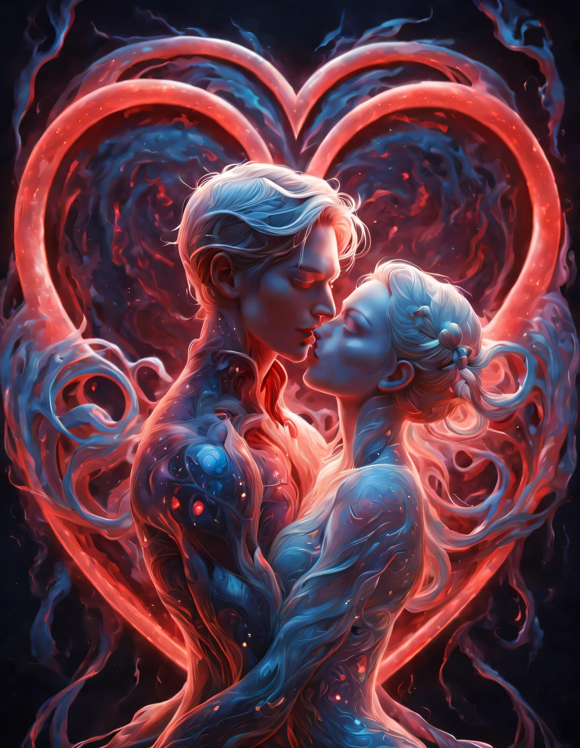 （There is a beautiful eye in the red heart：1.3）（Clear red glowing heart beating：0.85），（A man and a woman hugging each other face to face，Sharing a huge heart），Black light art，sharp focus，Toned muscles，Background human upper body muscles， fantasy，Reality，cartoon，3d rendering，James Jean (James Jean) super fine, Eighth Route Walker, Behavioral Contest Winners, vanity, trumpet, modern, 超Reality主义