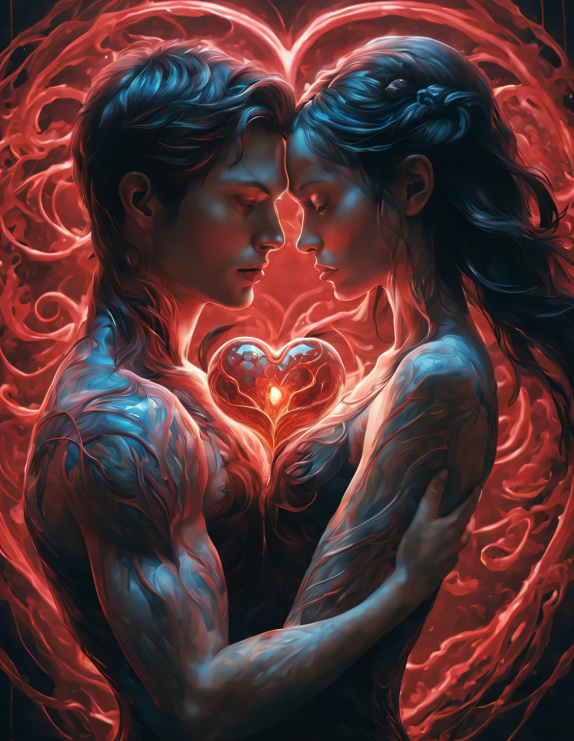 （There is a beautiful eye in the red heart：1.3）（Clear red glowing heart beating：0.85），（A man and a woman hugging each other face to face，Sharing a huge heart），Black light art，sharp focus，Toned muscles，Background human upper body muscles， fantasy，Reality，cartoon，3d rendering，James Jean (James Jean) super fine, Eighth Route Walker, Behavioral Contest Winners, vanity, trumpet, modern, 超Reality主义