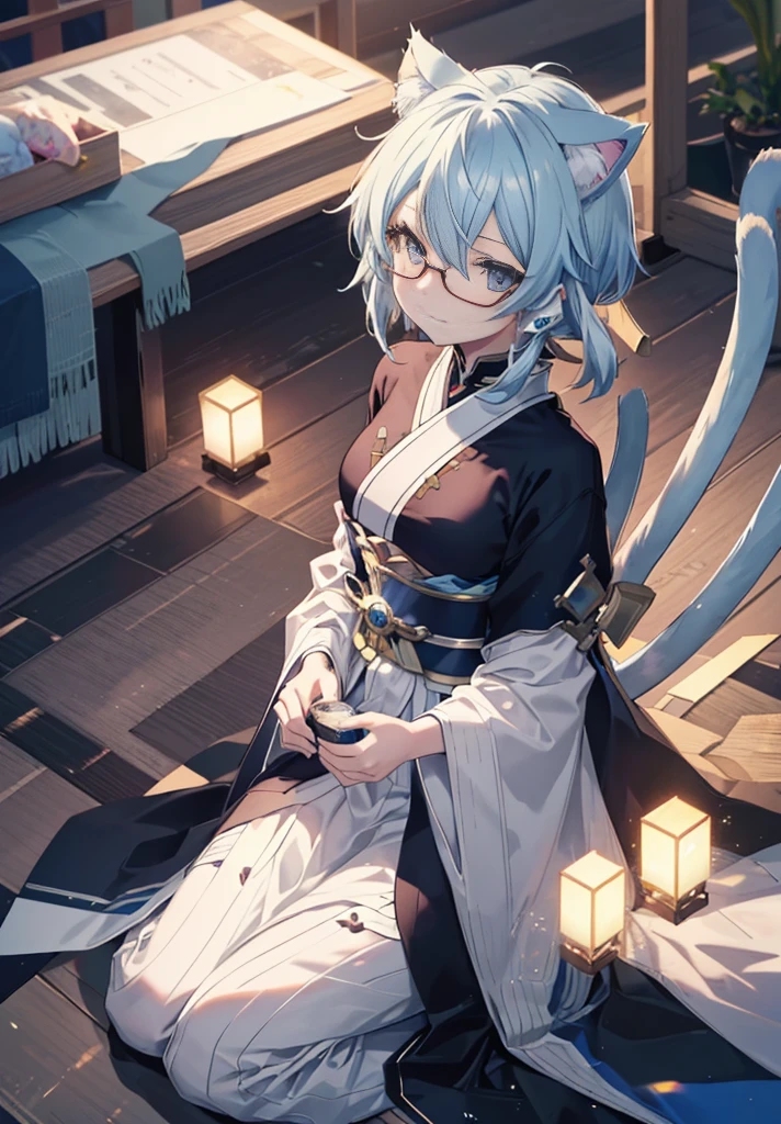 Chinon SAO_a, sinon, smile, (High praise, attractive, fascinating, exciting,Kurobuchi glasses, Cat ear,One thin cat tail,nice, impressive:1.3), (very detailed, high quality:1.3),A short-haired girl in a yukata enjoying cotton candy at a festival,japanese festival,Summer Festival Stalls、Red lantern,(masterpiece:1.2), 最high quality, High resolution, unity 8k wallpaper, (shape:0.8), (beautiful and fine eyes:1.6), very detailed face, perfect lighting, Very detailed CG, (perfect hands, perfect anatomy),