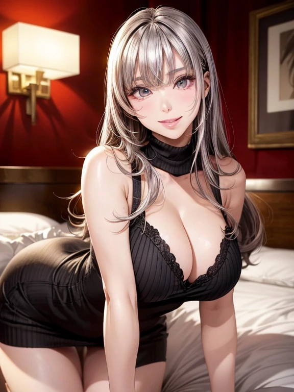 (highest quality、high detail:1.1、Very attractive adult beauty、Add intense highlights to your eyes、Backwards、look back、Beautiful woman full of adult charm、perfect anatomy、silver hear、long hair、shiny hair、lip gloss),1 girl, solo, realistic、tilt your head a little, short and shiny hair、 knit sweater、stylish muffler,bangs、Big eyes、eyelash、face is a little red、embarrassing)、((hotel、on bed))、Big eyes、Give students very strong highlights、(gigantic breasts,sagging breasts:1.5}、very big ger breasts、very beautiful beauty、Please show your ears、long neck、smile a little、beautiful teeth、(open your mouth and smile:1.5)、heart-shaped eyes))、28 years old、very cute super model、tall、(gravure pose、fullbody:1.3)
