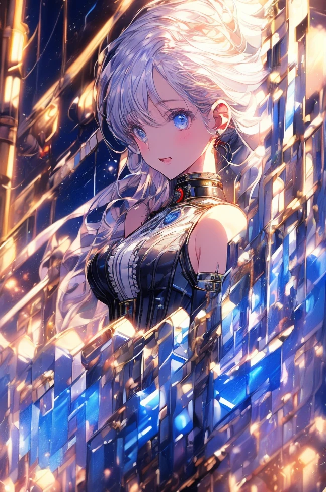 (((masterpiece)))、((top-quality))、(The ultra-detailliert)、(CG Illustration)、(a very beautiful woman))、Cinematic Light、((1 Mechanical Girl))、 (Beautiful and indulgent)(atelier)、Facing the front,white hair,Corset Belt,blue high waist skirt,Upper body portrait