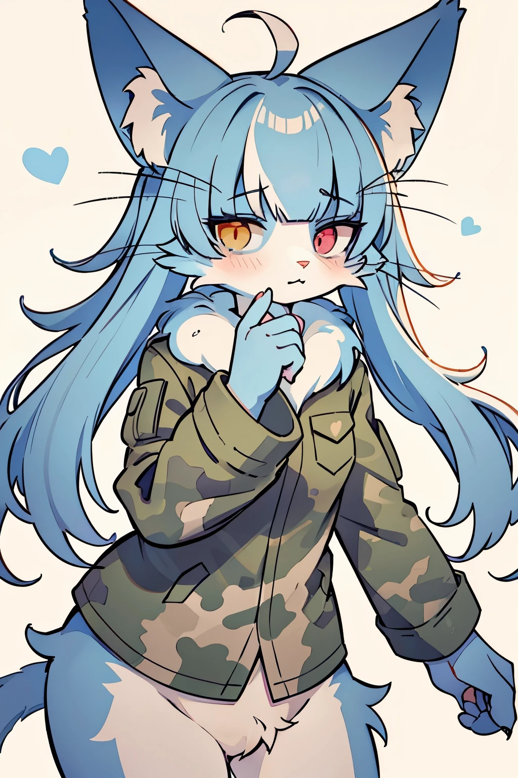 1boy, long hair, ahoge, bangs, heterochromia, animal ear fluff, animal ears, animal nose, two-tone fur, whiskers, white fur, body fur, cat boy, cat tail, claws, closed mouth, furry male, camouflage jacket