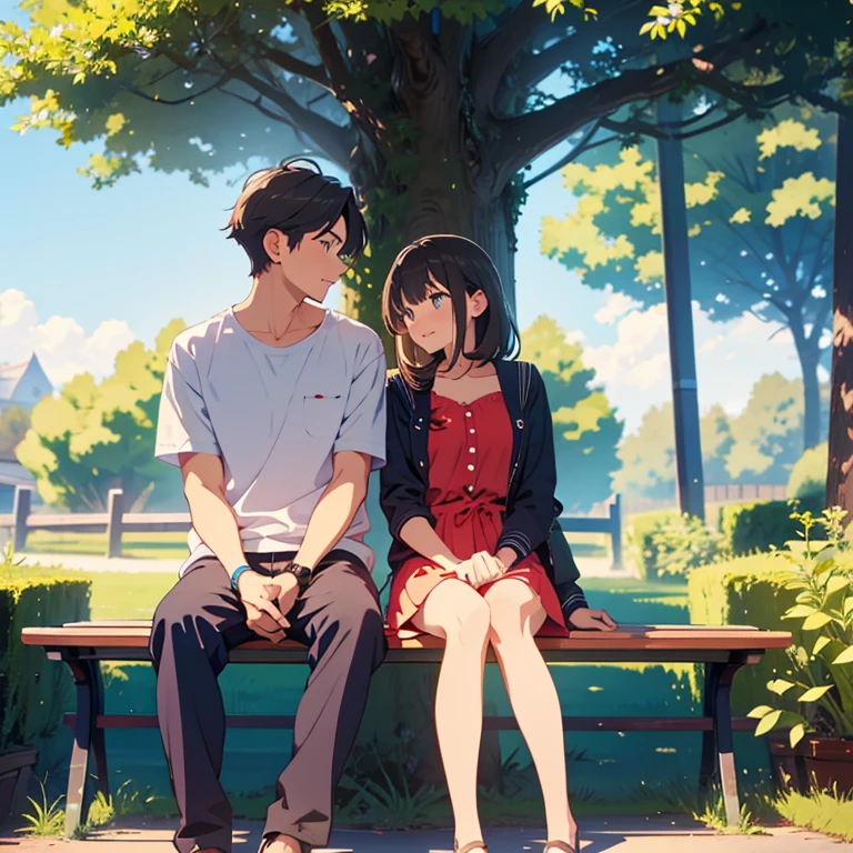 Guy and girl sitting on a bench under a tree