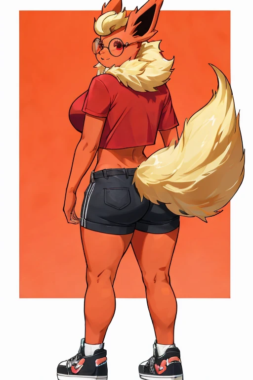 ((Flareon)), anthropomorphic, big boobs, big ass, pokemorph, (((1girl))), (((black t-shirt))), (red denim pants), (black sneakers), sexy, slender, red skin, (round glasses), long legs, smiling, butt showing, wedgie