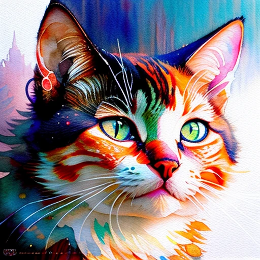 wtrcolor style, Digital art of (cat character), official art, frontal, smiling, masterpiece, Beautiful, ((watercolor)), face paint, paint splatter, intricate details. Highly detailed, detailed eyes, [dripping:0.5], Trending on artstation, by Rachel Walker