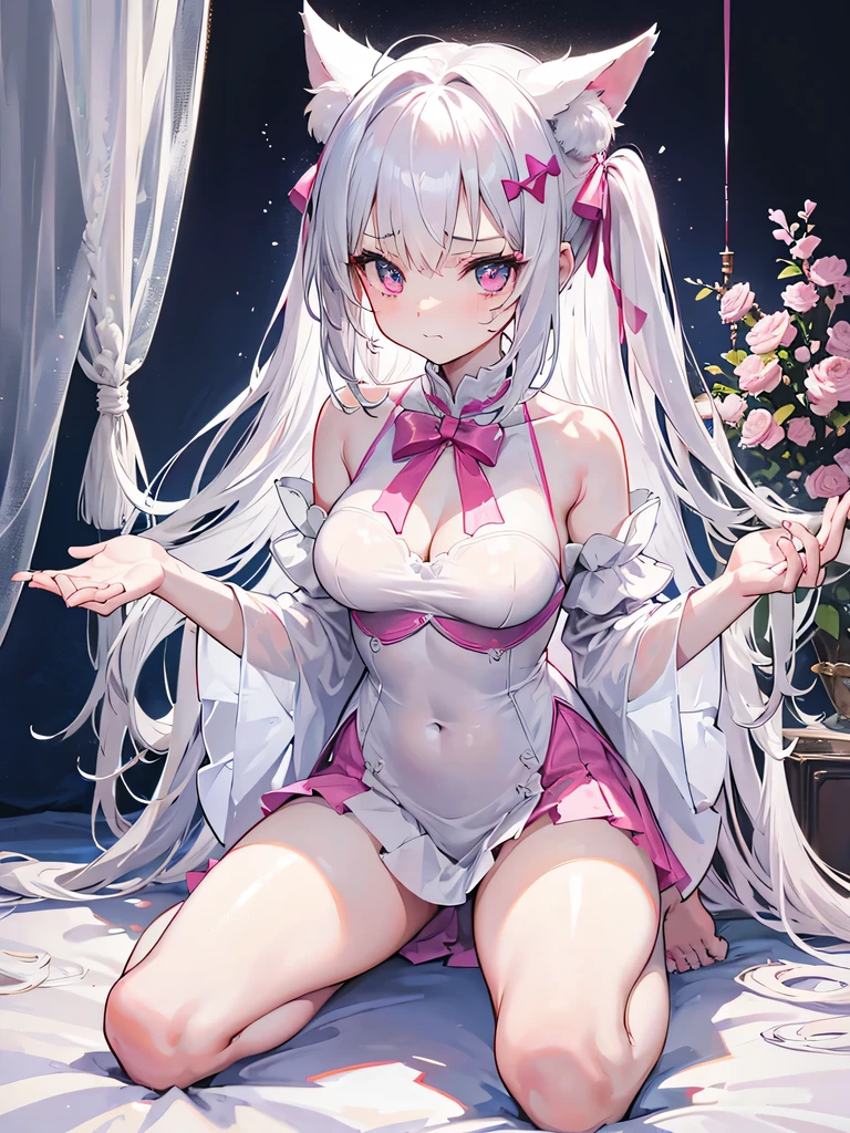 big breasts,突出big breasts,特写big breasts,nude,blush, surprise,look at me,looking at the audience,sitting,kneeling,Place on the bed,Knees together,internal figure eight,red pupils,Lace tights,Slender legs,beautiful hair、 beautiful eyes、 beautiful skin、beautiful legs、beautiful arms、perfect fingers、 very cute,white hair, long hair,white cat ears, white cat tail,best quality,high resolution,top quality,Pink bow,slender eyebrows,hair slightly moist,On a very large white bed, white pillows,perfect waist,Skirt has cutouts at the end,Pouting,The clothes are a little wet,little girl,very young,18 years old,shy smile,Long messy white hair tied up,tempting pose,chiaroscuro,bare shoulders,Naked room,slit sleeves,There are a few drops of water on the breast,bare legs,barefoot,Ray tracing,disdainful expression,Beautiful girl alone,Most of the body is exposed,pink miniskirt,Lift up the skirt gently with both hands,shy expression,Exposed breasts