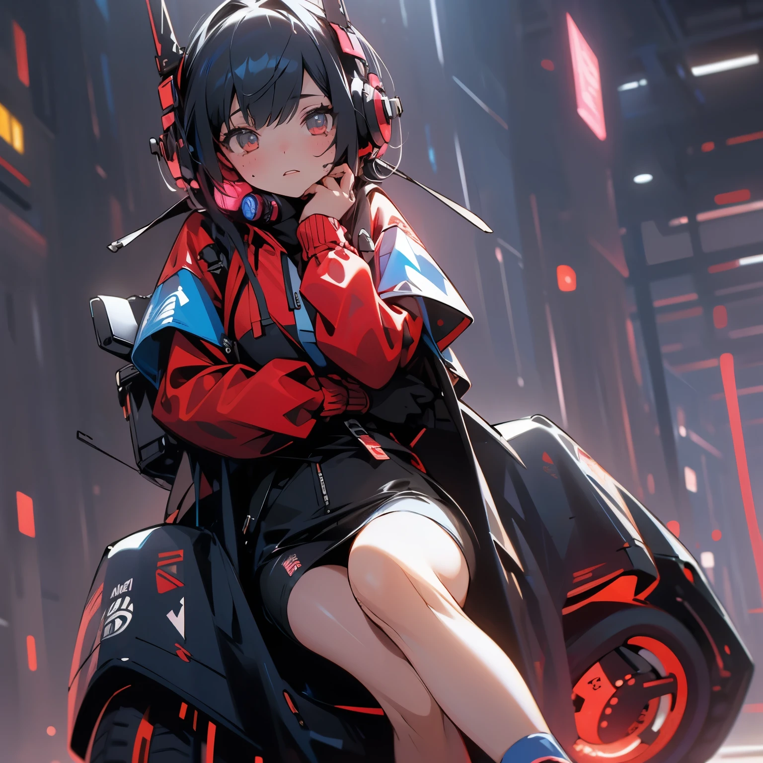 girl,Off-white eyes,black hair,Red and black hoodie,Blue and white headphones,cyberpunk,sleepy expression,mechanical traces