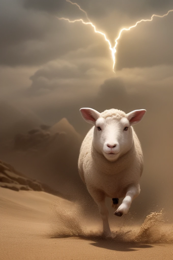 (best quality,4k,highres),high resolution、Lightning speedでこちらに向かってくる羊、1 sheep, Sheep running while emitting sand smoke、Lightning speed,Sense of speed with blurred background、wilderness