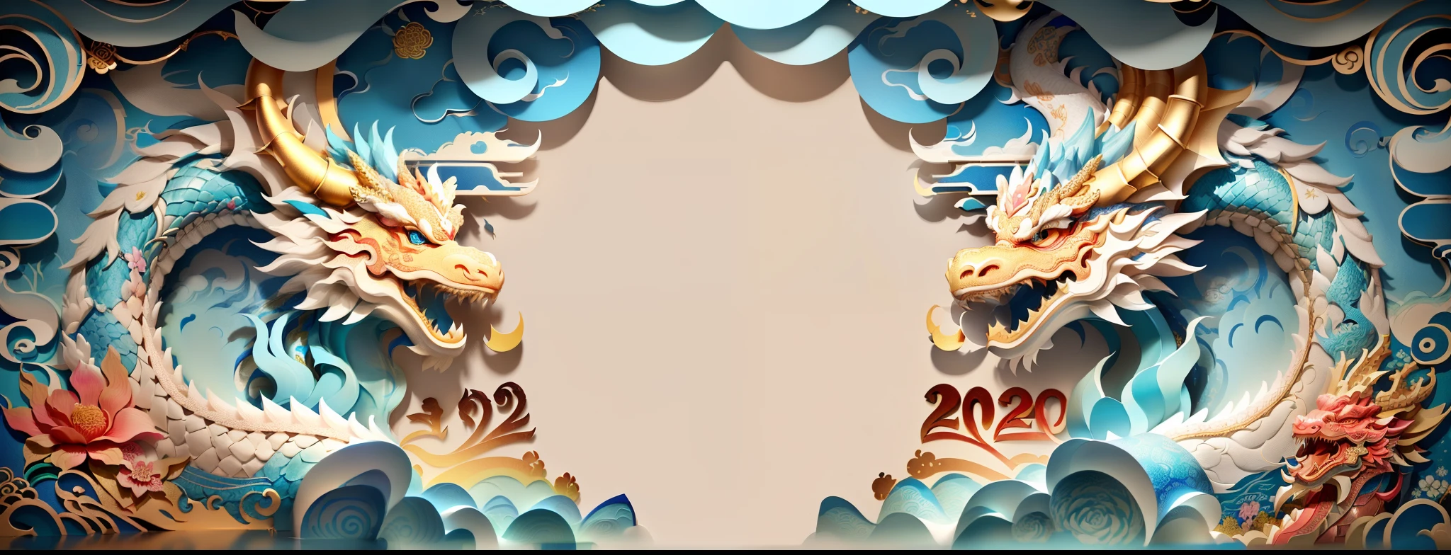 there is a paper cut dragon with a blue background, ornate sea background, intricate 3 d illustration, surreal background, abstract scene design, abstract 3 d artwork, 3d illustration, 3 d illustration, decorative background, 3d matte illustration, wild ocean background, layered paper style, abstract 3d rendering, ad, surreal 3 d render, paper decoration, stylized background,(2024 new year poster design), (Cute playful blue chinese zodiac dragon and crying pink parting),a happy new year,(2024:1.1), a happy new year,fresh flowers,(Festival poster: 2024 New Year, mascot: two Cartoon Chinese Dragon)