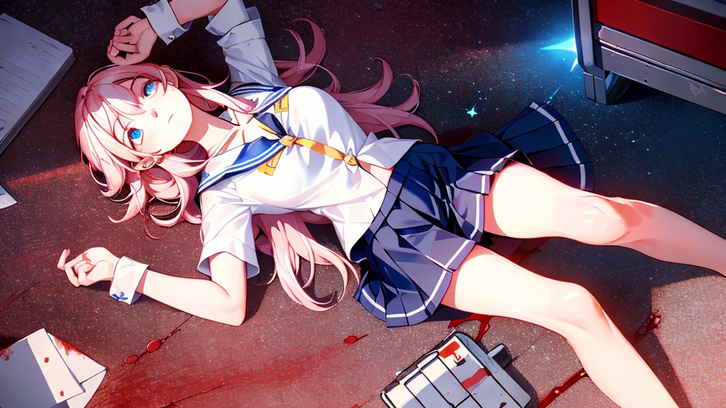 (Lie on the ground:1.2), Collapse Star Rail, 1 girl, alone, ((white shirt)), black Thighhighs, big breasts, cleavage, uniform, office background, black skirt, pleated skirt, ((Killed)), dutch angle, ((Sea of Blood)), ((Bloody Body)), (rape face), (Put your arms on the ground), (Sagging hair), (((horror))), office, hair between eyes, blue earrings, large chest, long hair, pink short nails, blue eyes, alone, Thighhighs, thighs, ((masterpiece)), name tag, id tag, indoor, Slender, 