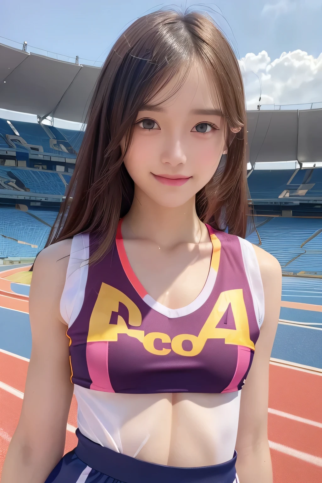 pieces fly、masterpiece、highest quality、Super detailed、High resolution、High resolution、8K portrait、unity 8k wallpaper、Detailed CG、unity 8k wallpaper、Detailed CGユニティ8kの壁紙、realistic、real person、portrait photography、shiny skin、(:1.2)、(cute:1.2)、High resolution、beautiful clear eyes、very detailed explanation、delicate face、cute face、nice lips、thin waist、thin legs、1 girl、(athletics stadium:1.5)、(flat chest:1.7)、(colorful sleeveless track and field uniform:1.5)、(abs:1.4)、(My nipples hit my clothes:1.4)、(smile)、stop temporarily