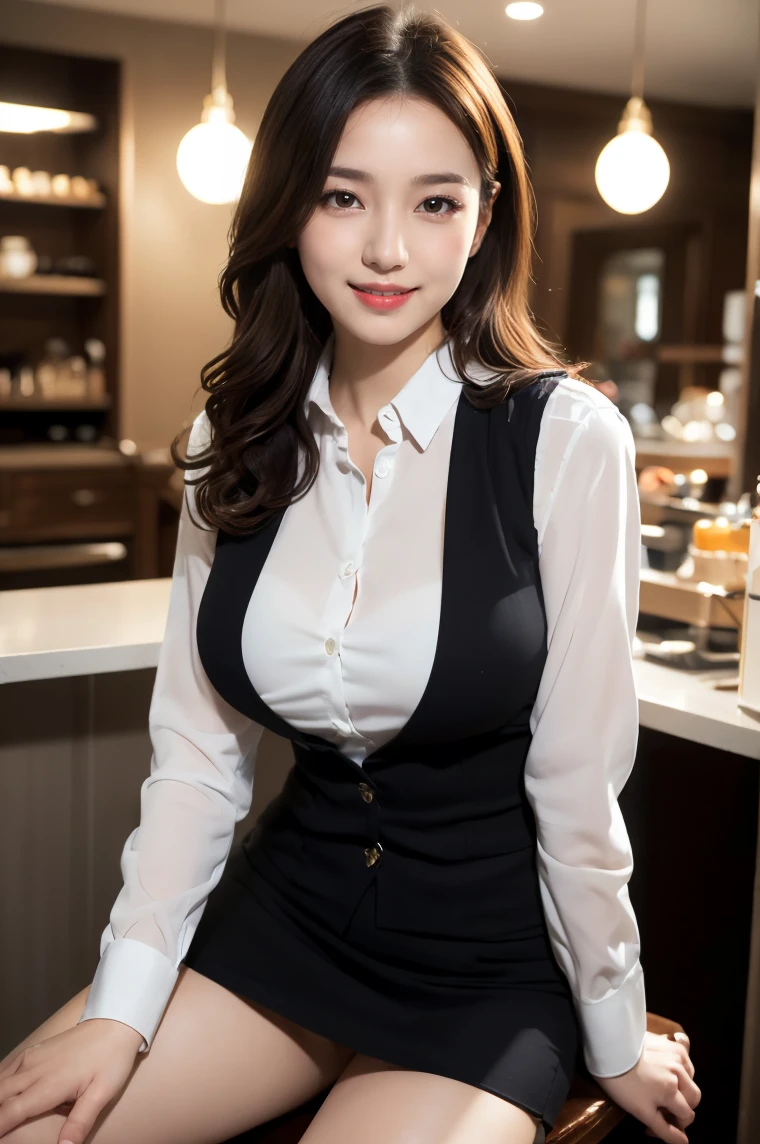 (((full body,including legs)))、(((cute counter staff,little smile,blush,red cheek,in the cafeterria,open legs apart,sitting down the chair))),(((open legs apart、temptate you,embarrassed))),(((perfect uniform of Japanese stewardess, black vest-dress uniform,white tight blouse,black mini skirt,black high-heel,little smile,white blouse,tight blouse))) ,high heel、Dressed up、(Photo real:1.4)、(A hyper-realistic:1.4)、(Photorealistic:1.3)、 (gentle lighting: 1.05)、(Improve the lighting quality of your video:0.9)、32k、 1Girl、28years old girl、photorealistic lighting、Back lighting、Facial Lights、Ray Trace、(bright:1.2)、(Increase quality:1.4)、 (best quality real texture skin)、Fair eyes,Delicate and delicate face, Close-up of the face, white blouse,tight blouse,tight black vest-dress uniform,black mini skirt, (Bodyline mood improvement:1.1)、good figure,Glossy skin、wavy hair,curly hair,blonde hair,韓国アイドル、乃木坂アイドル、Sculptural Idol Pose、little smile,blush,Beautiful actress, (((midium breasts,beautiful breasts))),(perfect row of teeth),slender waist and hip,beautiful long legs,full shot)、((8heads tall)、(((誘惑している、恥ずかしい)))、dynamic pose,gravure pose,(eye shadow),((red cheek、red lips)),Super Clean Night View、night time、blush,little smile,(((full shot)))、Super Clean Night View、night time,in the cafeterria,open legs apart,sitting down the chair))),