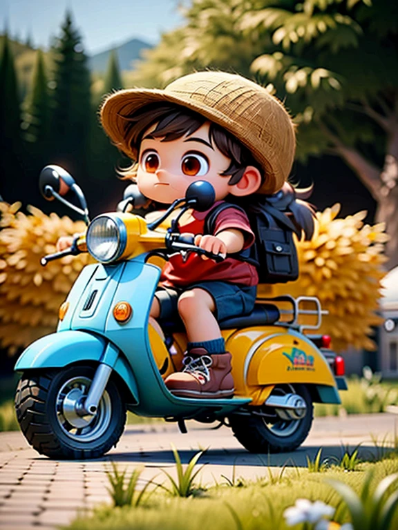 Pixar style,MG ip,1boy,ground vehicle,motor vehicle,outdoors,shorts,brown hair,brown eyes,scooter,solo,child,bag,hat,short hair,short sleeves,shirt,flower,backpack,depth of field,blurry background,sitting,grass,smile,shoes,day,boots,closed mouth,cross-laced footwear,tree,helmet,blue shorts,