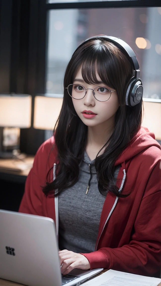 lady in glasses and red hoodie looking at laptop and headphones, in the style of nightcore, soft, romantic scenes, i can't believe how beautiful this is, gongbi, dark gray and light gray, hyper-realistic oil, traditional chinese