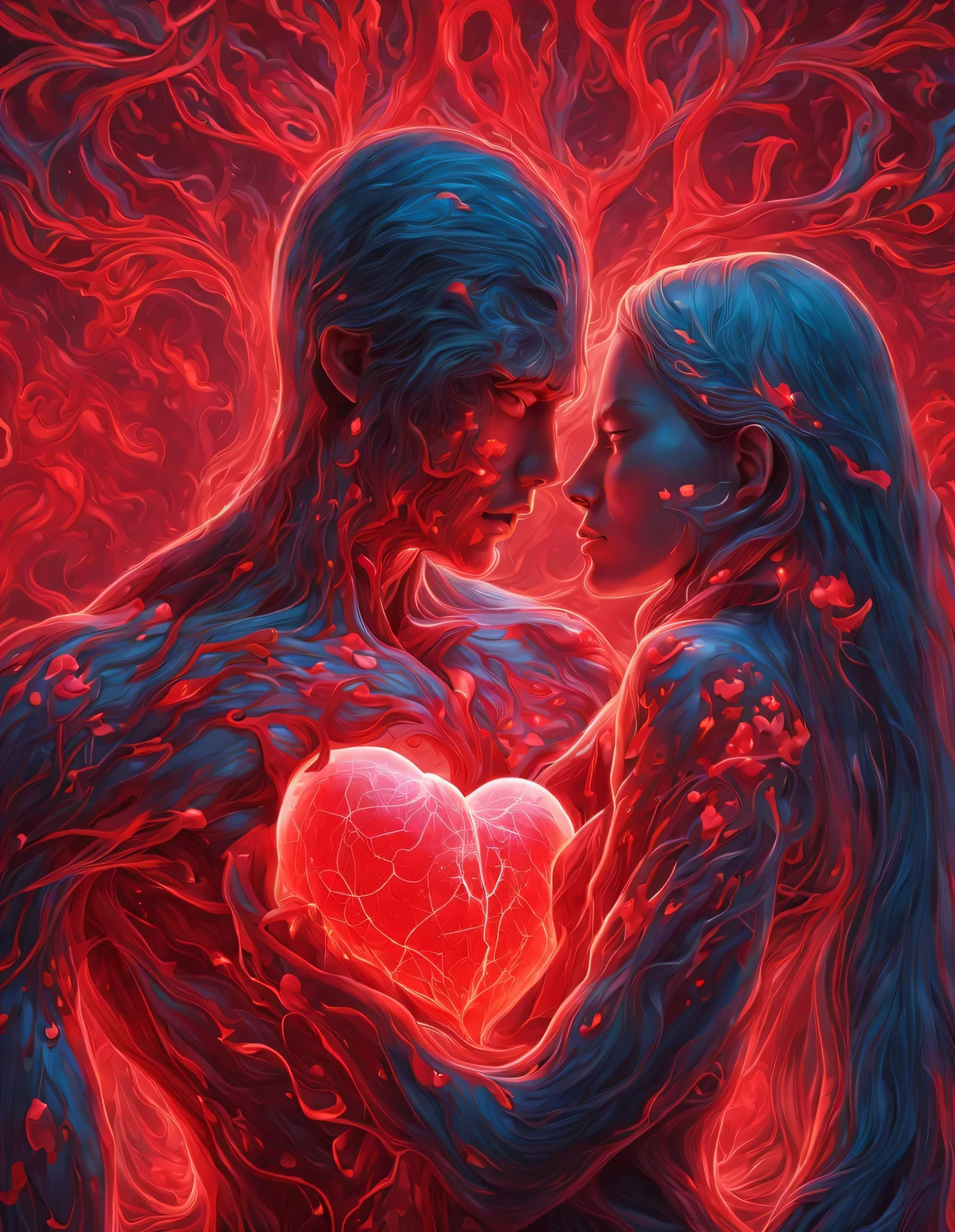 （There is a beautiful eye in the red heart：1.3）（Clear huge huge heart glows red and beats：0.85），（A man and a woman hugging each other face to face，Sharing a huge heart），Black light art，sharp focus，Toned muscles，Background human upper body muscles， fantasy，Reality，cartoon，3d rendering，James Jean (James Jean) super fine, Eighth Route Walker, Behavioral Contest Winners, vanity, trumpet, modern, 超Reality主义