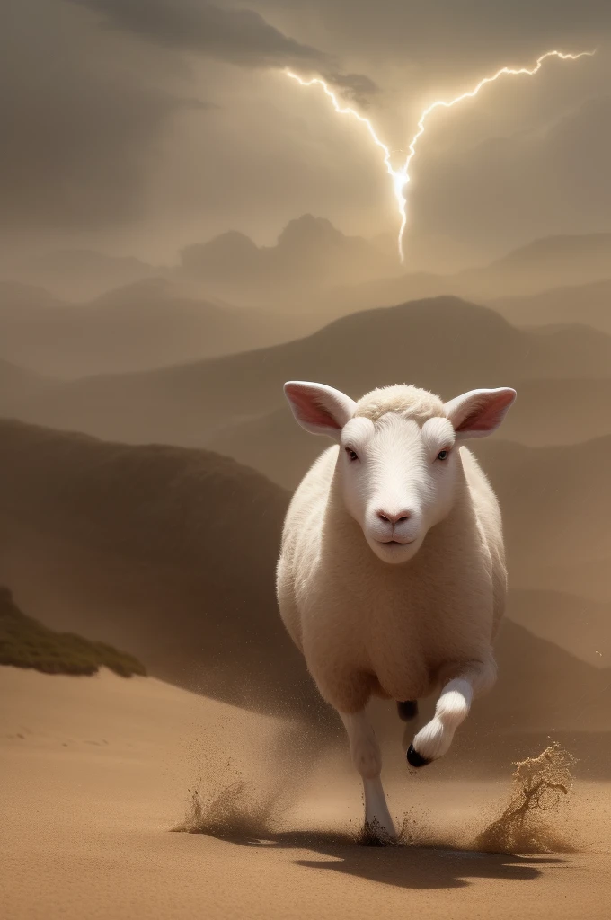 (best quality,4k,highres),high resolution、Lightning speedでこちらに向かってくる羊、1 sheep, Sheep running while emitting sand smoke、Lightning speed,Sense of speed with blurred background、grassland