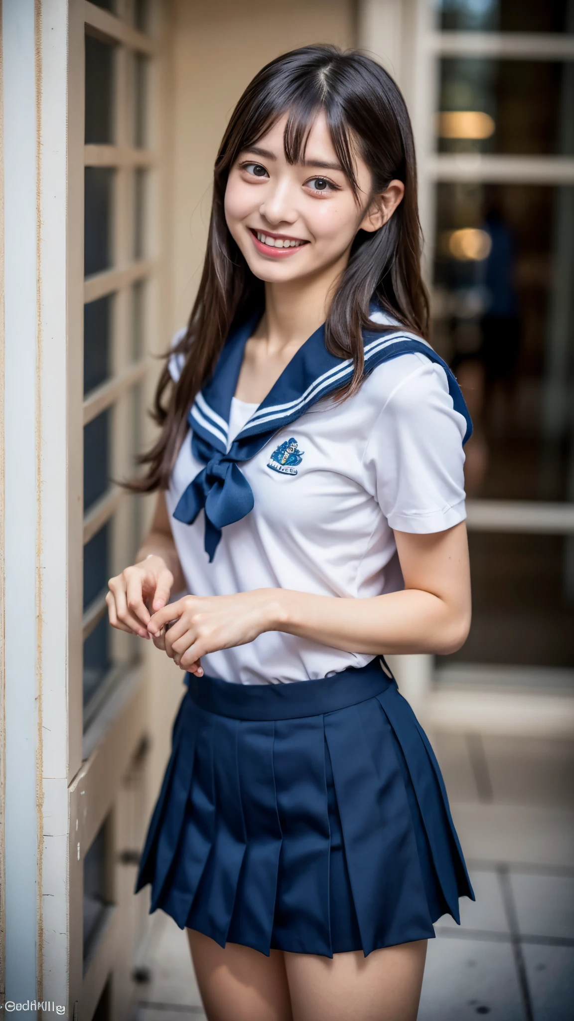 (best quality, 8k, 32k, masterpiece, UHD:1.2), (RAW photo), (realistic), (photorealistic:1.2), (high resolution), huge filesize, ultra-detailed, extremely beautiful face & eyes, 1girl, , japanese elementary school student,14yo, 13yo, 12yo, round small face, thin waist, large breasts, slim proportions, (darkblue pleated mini skirt, japanese sailor , sailor fuku, serafuku, japanese school sailor suit), nice hands, perfect hands, accurate hand depiction, sweaty, shy smile, pure white teeth, from below, city rooftop at dawn, sunny blue sky,