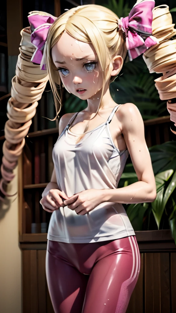 creamy long pale hair，double twin tails、(sweaty skin)、 (highest quality, 8K, 32K, masterpiece, UHD:1.2)、wet clothes、((see-through))、blush、((I am an 11 year old girl)),((((sweat)))),((from adove)),tank top,short leggings,fitness,training、(running)、Thighs