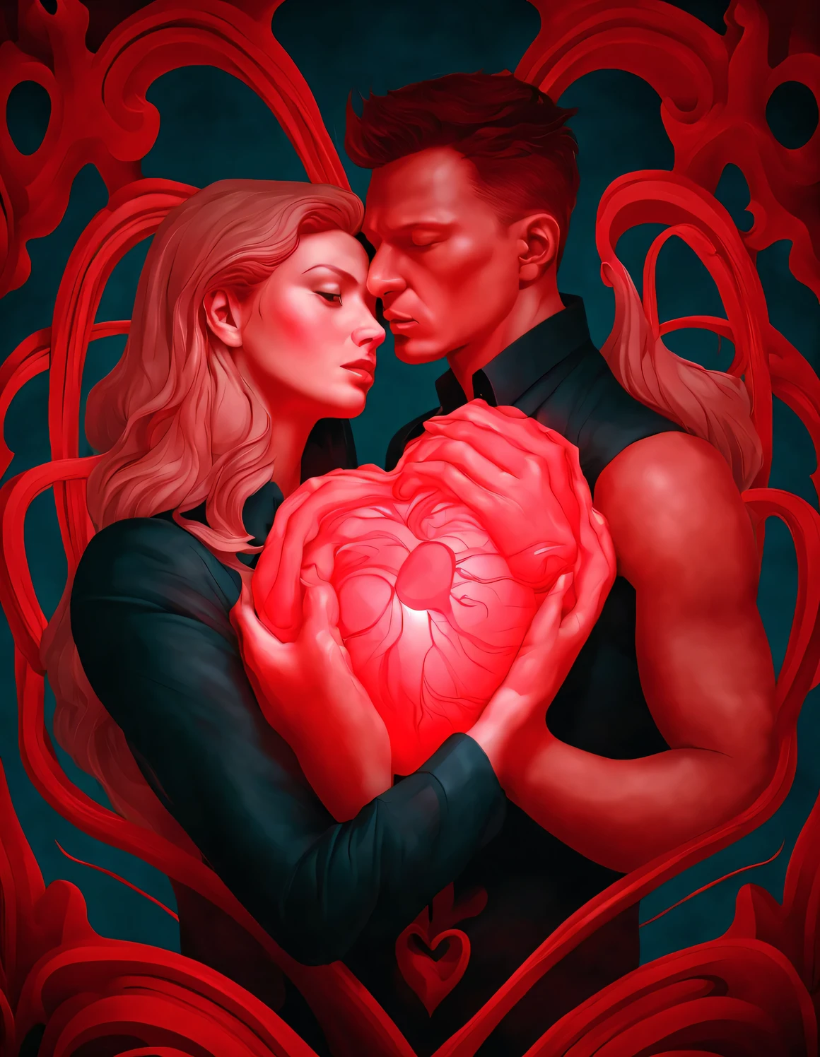 （Man giving woman huge red heart），（There is a beautiful eye in the red heart：1.3）（Clear anatomy，A heart glowing red beats in the center of the picture.：0.85），（A man and a woman hugging each other face to face，Sharing a huge heart），Black light art，sharp focus，Toned muscles，Background human upper body muscles， fantasy，Reality，cartoon，3d rendering，James Jean (James Jean) super fine, Eighth Route Walker, Behavioral Contest Winners, vanity, trumpet, modern, 超Reality主义