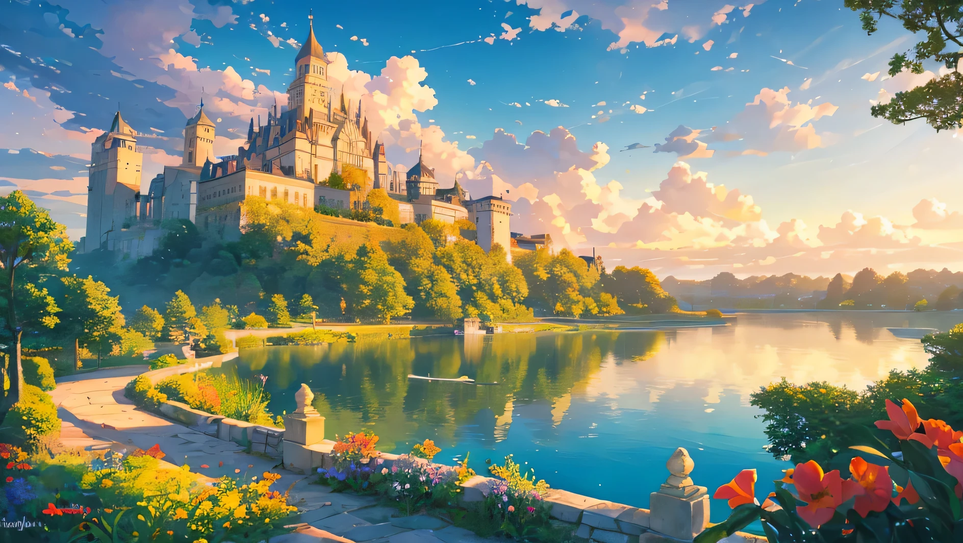 a big castle on a lake nostalgic clouds sunset and a lot of plants a flowers, golden hour