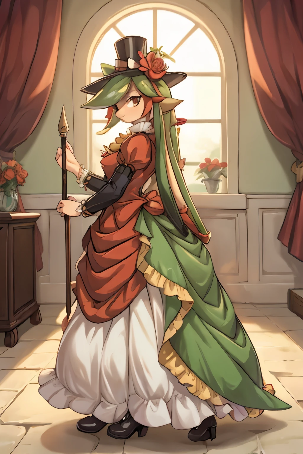 (bu5tl3, dress, long dress, full body, profile, (lilligant)) victorian era dress, red dress with black highlights, victorian hat, red flower in hat,((looking at viewer, facing viewer), facing forward), hang on cane, holding diamond cane, important look, in ball room, big windows in back, green lilligant hair