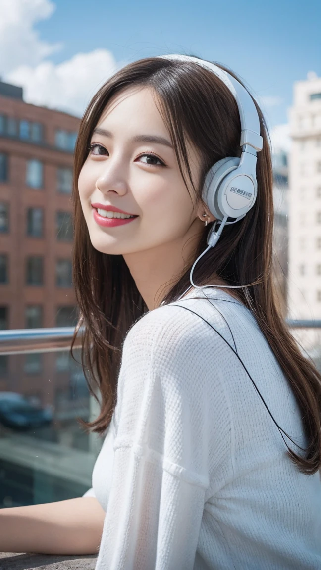 1girl,solo,long hair,looking at viewer,smile,brown hair,brown eyes,jewelry,sitting,earrings,outdoors,sky,day,cloud,blue sky,lips,headphones,building,realistic