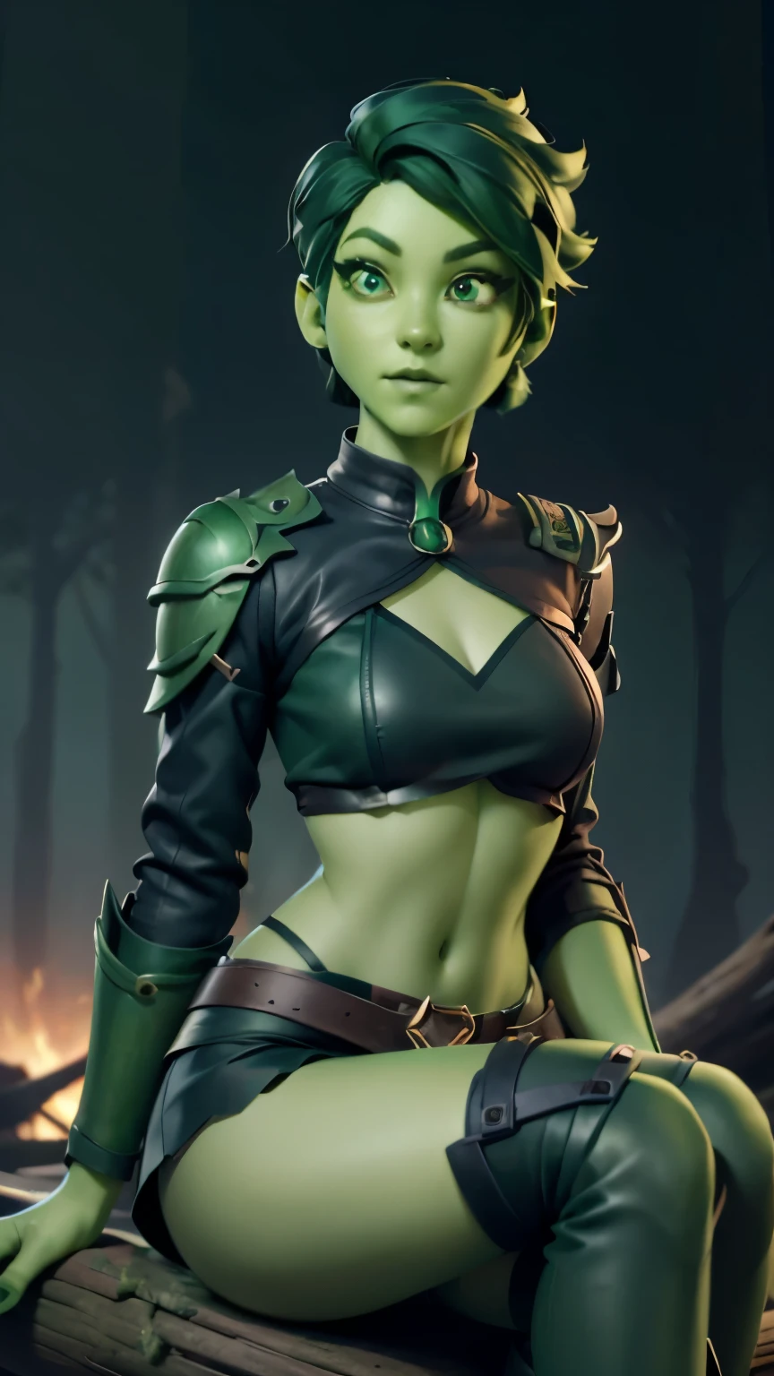 photo of Tendi, Orion from star trek, RAW, beautiful woman, ((portrait)), ((detailed face, anime eyes, anime mouth, anime nose:1.2)), (short shaved dark forest green hair:1.3), ((detailed facial features, detailed vibrant green skin, emerald green skin skin:1.5), (perfect proportioned body), arched back,  looking away, revealing clothes, (wearing cropped open leather jacket, shoulder armor, cloth bralette undershirt green, leather skirt, bracers, thigh high armored boots: 1.1), (sitting on a log: 1.22),  (realistic photo, best quality, detailed), (8k wallpaper), (cinematic lighting, dramatic lighting) (sharp focus, intricate)