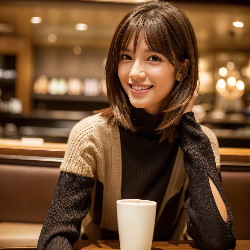 product quality, 1 girl, cowboy shot, front view, a Japanese young pretty girl, long bob hair, sitting on a chair with a big smile in front of a table in a restaurant of a luxury department store, a coffee on the table, wearing a black turtleneck sweater, hem of the sweater over jeans, carrying a shoulder bag over her shoulder, hyper cute face, glossy lips, double eyelids for both eyes, natural makeup, shiny smooth light brown hair of long bob hair, asymmetrical bangs, tanned skin, central image, 8K resolution, high detail, detailed hairstyle, detailed face, cinematic lighting, octane rendering, hyper realistic, perfect limbs, perfect anatomy