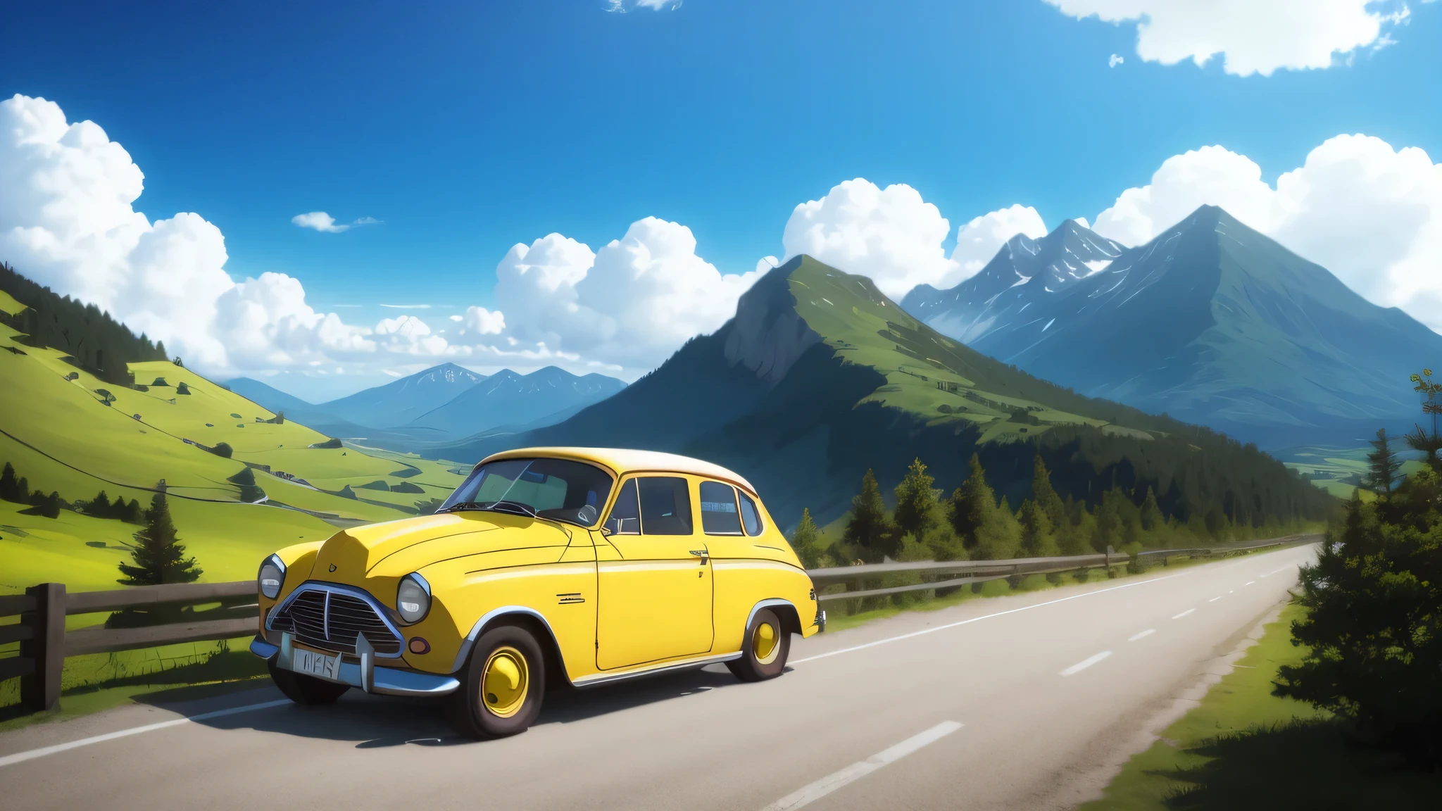 Mountain、summer sky、Straight road、blue sky、１Retro Cars、Yellow car、stretch、vacation、adventure、luggage on the roof、masterpiece、Super high-quality photo quality