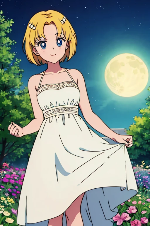 blonde hair, bob style, short medium hair, hair ornament, forehead mark, blue eyes, earrings, white dress, full moon, garden, anime screencap, high quality, light smile, standing, Masterpiece
