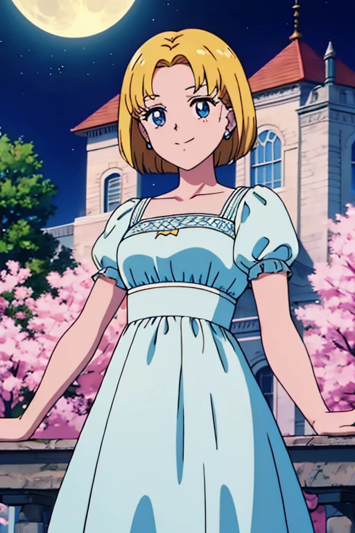 blonde hair, bob style, short medium hair, hair ornament, forehead mark, blue eyes, earrings, white dress, full moon, garden, anime screencap, high quality, light smile, standing, Masterpiece
