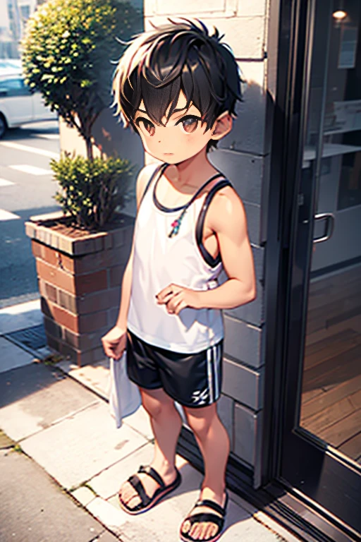 Male child wearing shorts and tank top looking to the side, small feet, (joven:1.4), (child:1.4), (shota:1.4), SFW