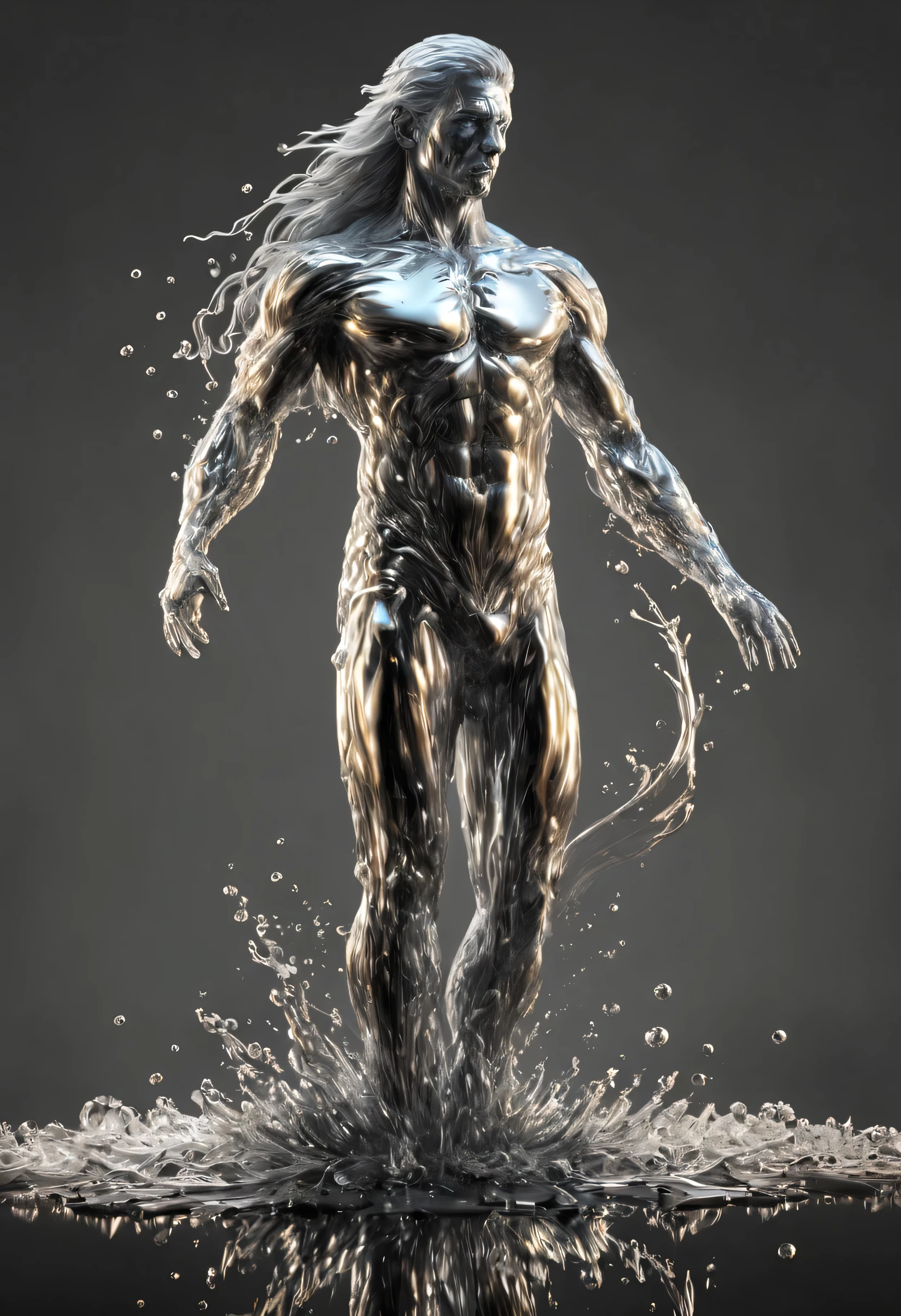 (masterpiece,best quality,super detailed,Best Illustration:1.3), 1 person, melt, smooth shining full length metal body, Reflector processing, shining, sleek liquid metal hair, Simple black background