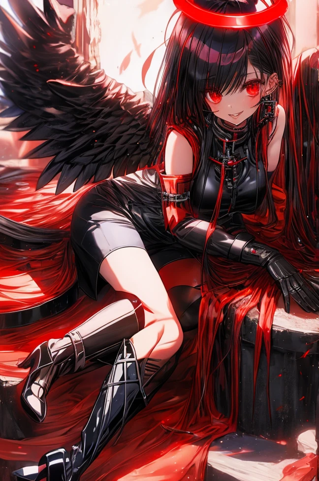 female, red eyes, halo, black wings, stocking, long gloves, short pants, dress, high heels,