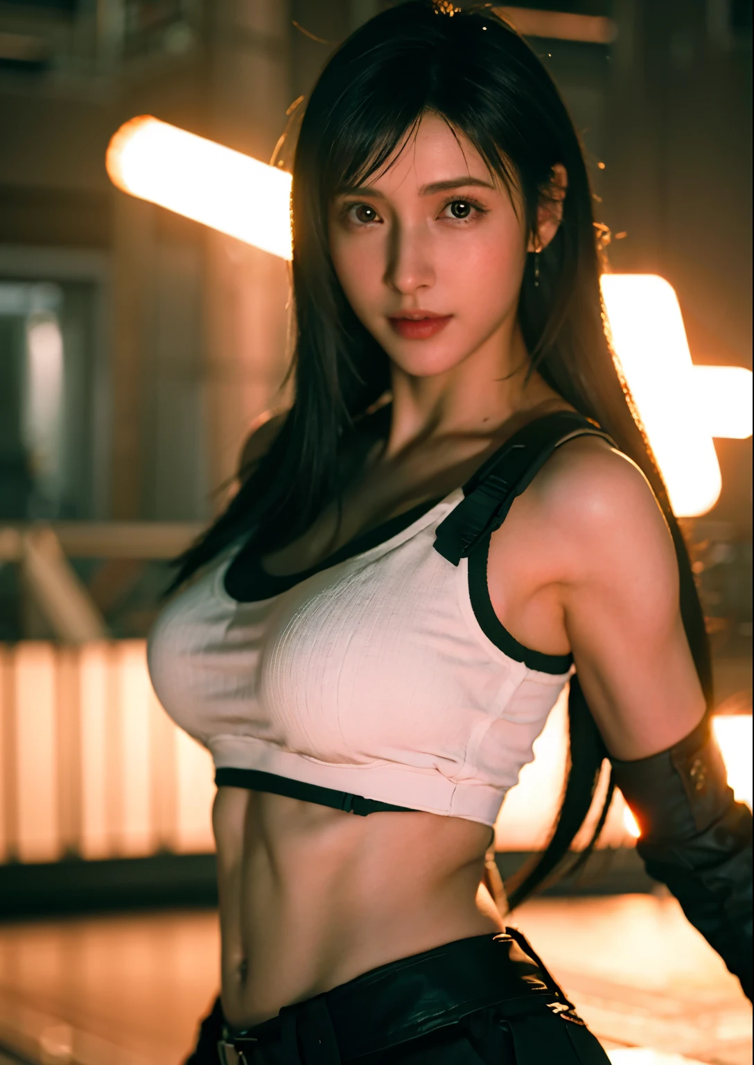 (Photorealistic: 1.4), top quality, very delicate and beautiful, high resolution, 1girl, tifa_lockhart, smile, cowboy shot, suspenders, low rise, mini skirt, tank top, tense shirt, black hair, long hair, elbow gloves, beautiful detailed red eyes, face light, movie lighting, navel, high exposure, abdomen exposure, ribs, abs, ( gigantic breasts: 1.2), dynamic poses, dynamic angles, tifa