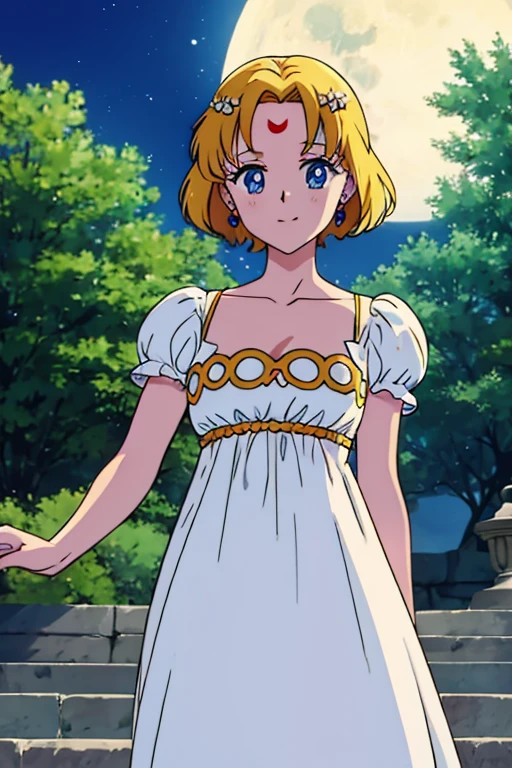 blonde hair, short medium hair, hair ornament, forehead mark, blue eyes, earrings, white dress, full moon, garden, anime screencap, high quality, light smile, standing, Masterpiece
