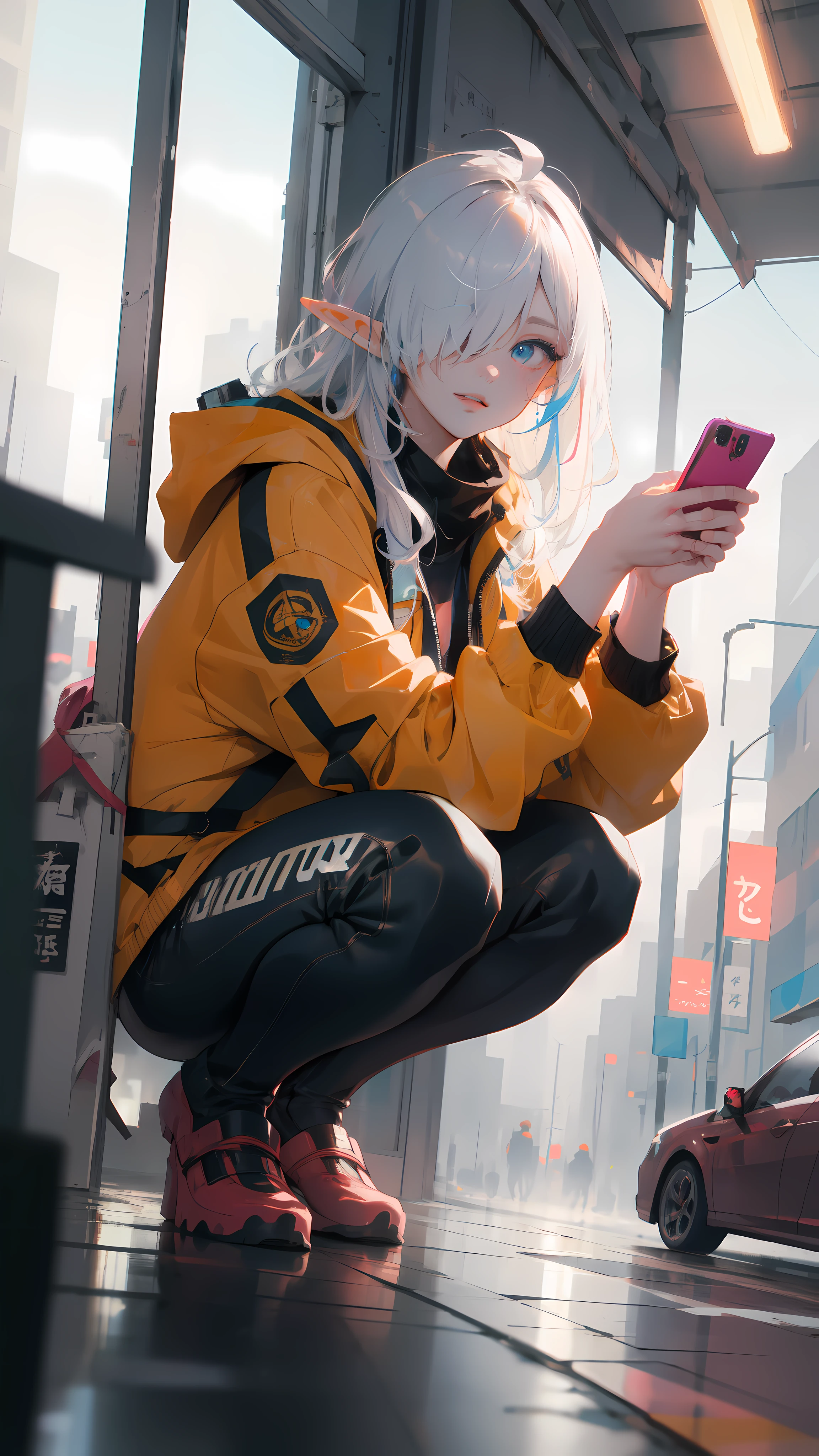 ((masterpiece )), (top quality), (best quality), ((ultra-detailed, 8k quality)), Aesthetics, Cinematic lighting, (detailed line art), absurdres, (best composition), (high-resolution), Watercolor wash painting, muted colors, warm colors, best quality, delicate brushwork,
BREAK,
Beauty cyberpunk elf girl, Confident elf girl, wear uniform, orange jacket, white and yellow techwear clothing, yellow and black safety tapes, Simon Bisley style, squatting, (holding smartphone,In the right hand), Focus on smartphone screen, Anime painting, Detailed Cloth Texture, Intricate details, artstation, brush stroke painting in cyberpunk style by Yoji Shinkawa, by Mikimoto Haruhiko,
BREAK, 
painting style background, (At the bus stop, downtown, Cyberpunk dazzling cityscape, crowded), (depth of field:1.2), (blurry background:1.2),the style of Mikimoto Haruhiko, Artgerm, Kentaro Miura style,
BREAK,
highly detailed of (elf), (1girl), solo, perfect face, details eye, ahoge, ((long hair:1.2)), (hair over one eye:1.3), [[Messy hair]], shiny blonde white hair, blue eyes, multicolored hair, facial marks, (eyelashes, eyeshadow, pink eyeshadow), smile, design art by Mikimoto Haruhiko, by Kawacy, By Yoshitaka Amano,
BREAK, 
((perfect anatomy)), perfect body, medium breast, best hands, perfect face, beautiful face, beautiful eyes, perfect eyes, (perfect fingers, deatailed fingers), correct anatomy, 