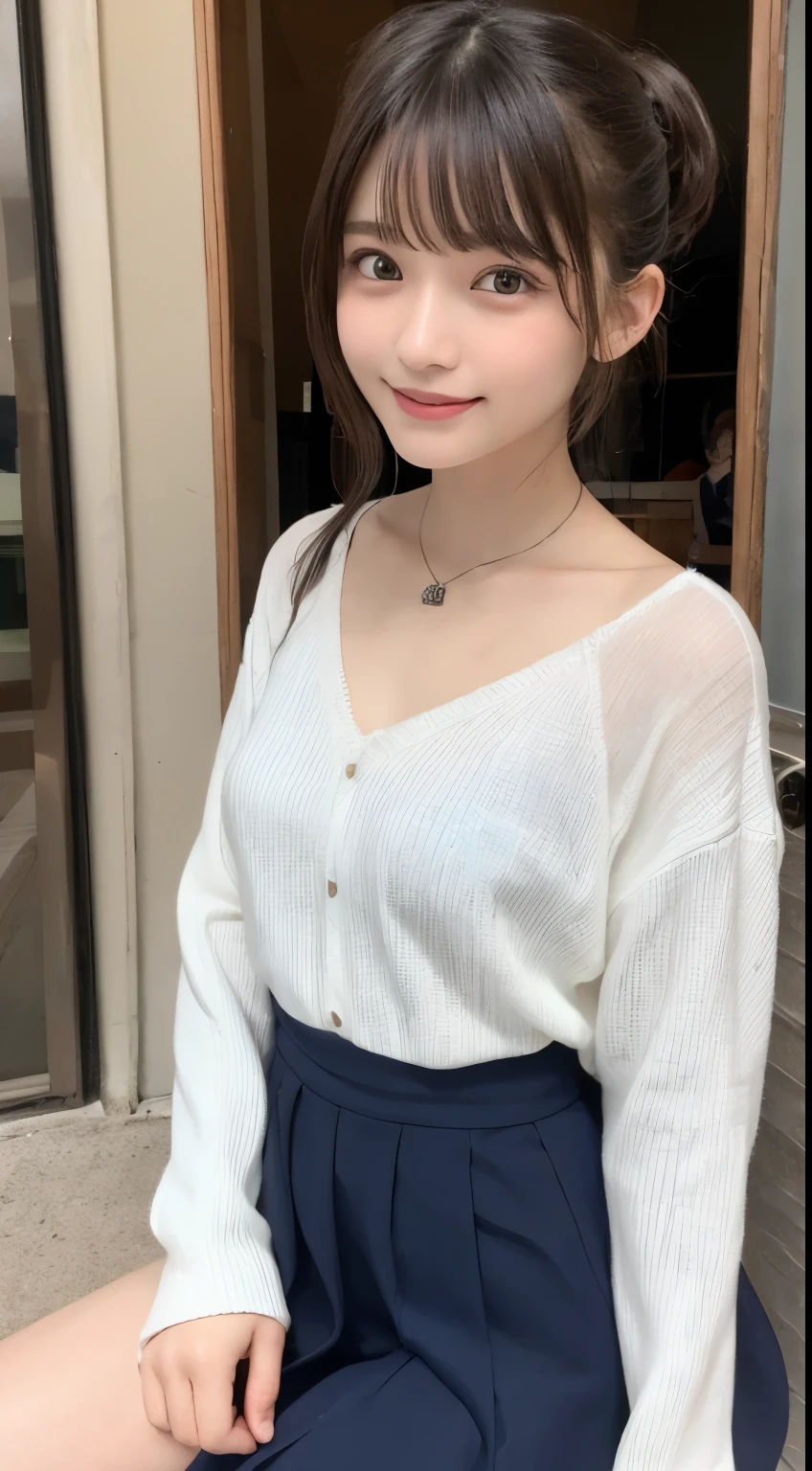 NFSW、masutepiece、​masterpiece、1 girl in、(close up of face、cowboy  shot)、Straight front view、japanes、very young cute woman、(The cutest girl in the world)、、Smaller face、large full breasts、Autumn knit jacket、Sheer inner、Chiffon skirt、Ultra-detailed costumes、Smiling in a café、Scrunchie、Thin necklace、Glamorous figure、hyper cute face、shiny lip、Double eyelids in both eyes、 natural make up、long eyeslashes、shiny smooth light brown hair、bangss、Short twin tail hair、asymmetrical bangs、image in center、8K分辨率、high détails、Detailed hairstyles、A detailed face、spectacular movie lighting、octane renderings、with a vibrant、Ultra-realistic、Perfect limbs、perfect anatomia