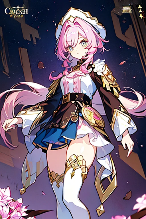 (Masterpiece: 1.5, best quality, high resolution: 1.3, super resolution, super detailed, ultra detailed: 1.3, rich background: 1.2, 1 woman)) pale skin + pink hair with white tones + short fluffy hair + ombre eyes yellow + long eyelashes + short fringe + feminine body + defined figure + big chest + thick thighs + tall stature (intricate top, high intricate leggings, thick belt, flat intricate thigh-high boots, cute accessories, chef hat, chef jacket with a medal on the chest) ((happy expression, standing holding a cup of chocolate) (colors of clothing and accessories: white, black, cream, light blue, pink, yellow)